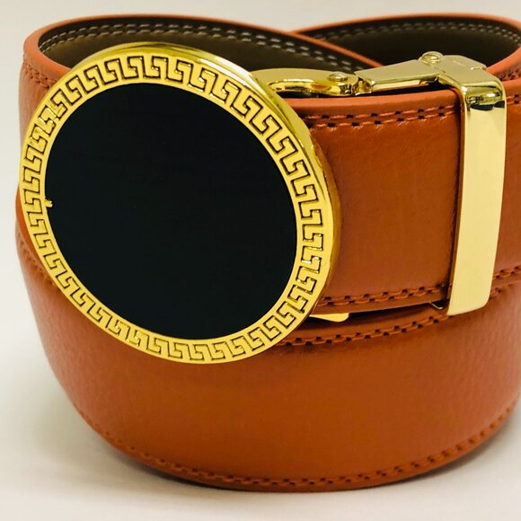 Automatic Designer Buckle Men's Orange Ratchet Genuine‎ Leather Belt Dress Jeans - Picture 1 of 3